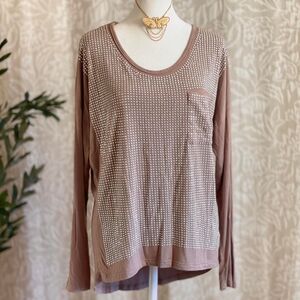 Vtg Y2K Alberto Makali Taupe Rhinestone Studded Long Sleeve Stretch Shirt Size M